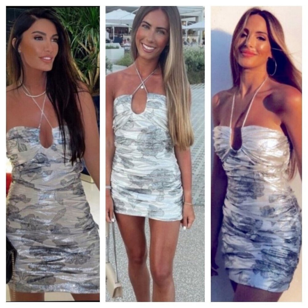 ZARA Dress Silver Metallic Mini L Cocktail Draped Halter Blogger Holidays
